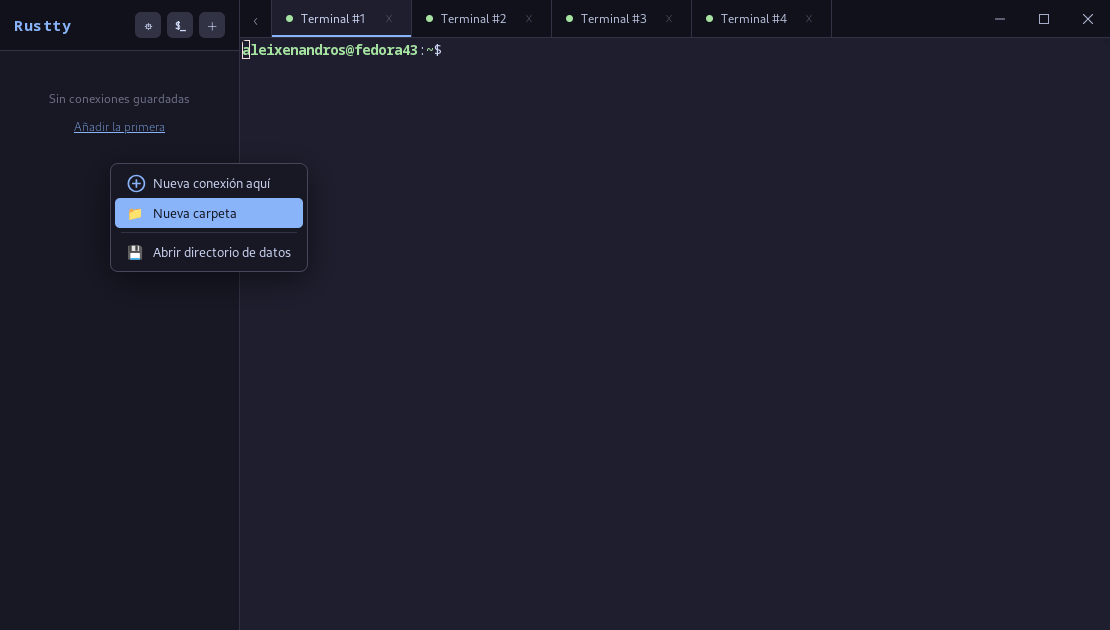 Rustty en ejecución: vista dividida con cuatro sesiones SSH y panel SFTP integrado